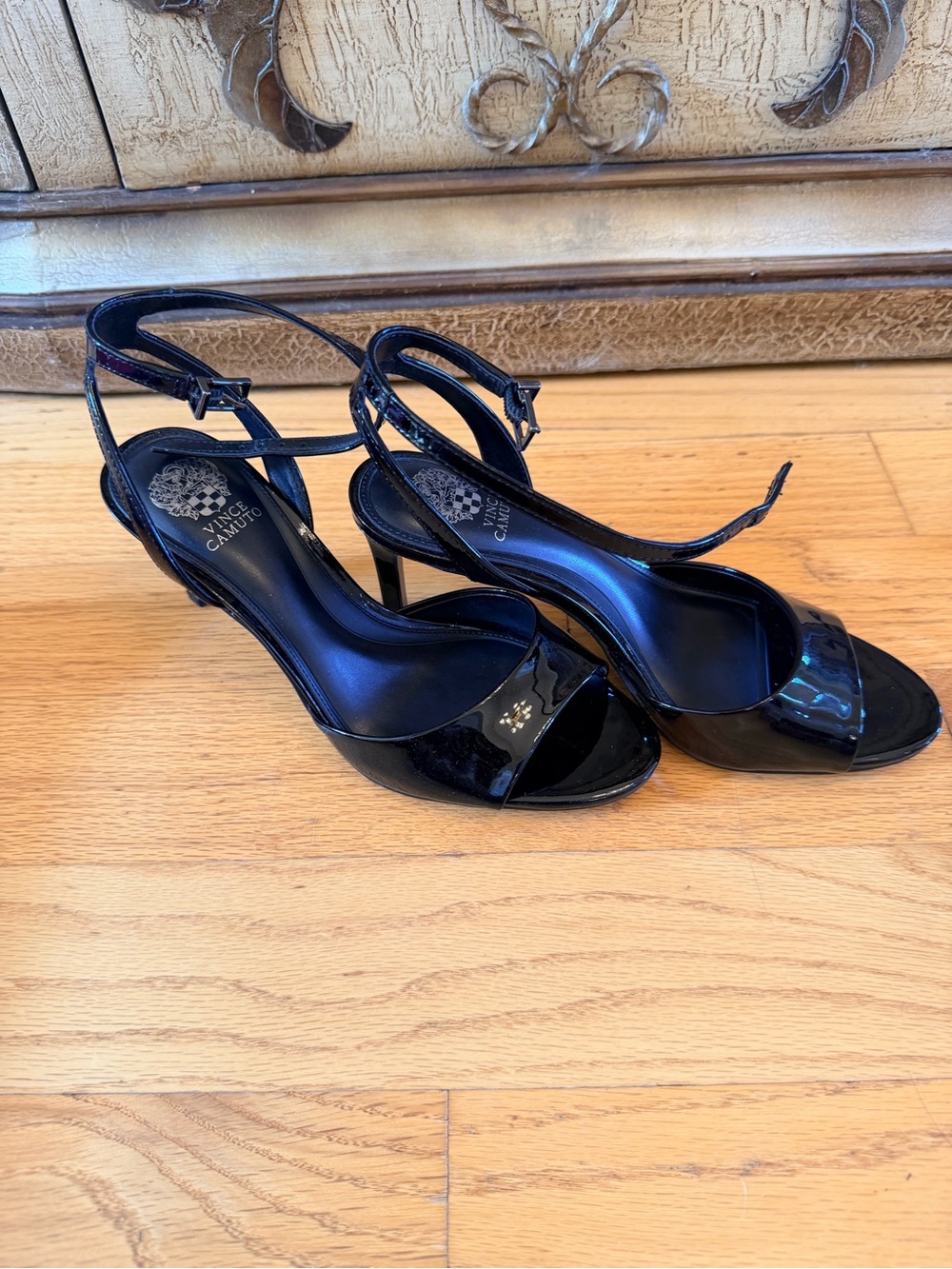 Vince Camuto Black Patent Open-Toe Ankle-Strap Heels
